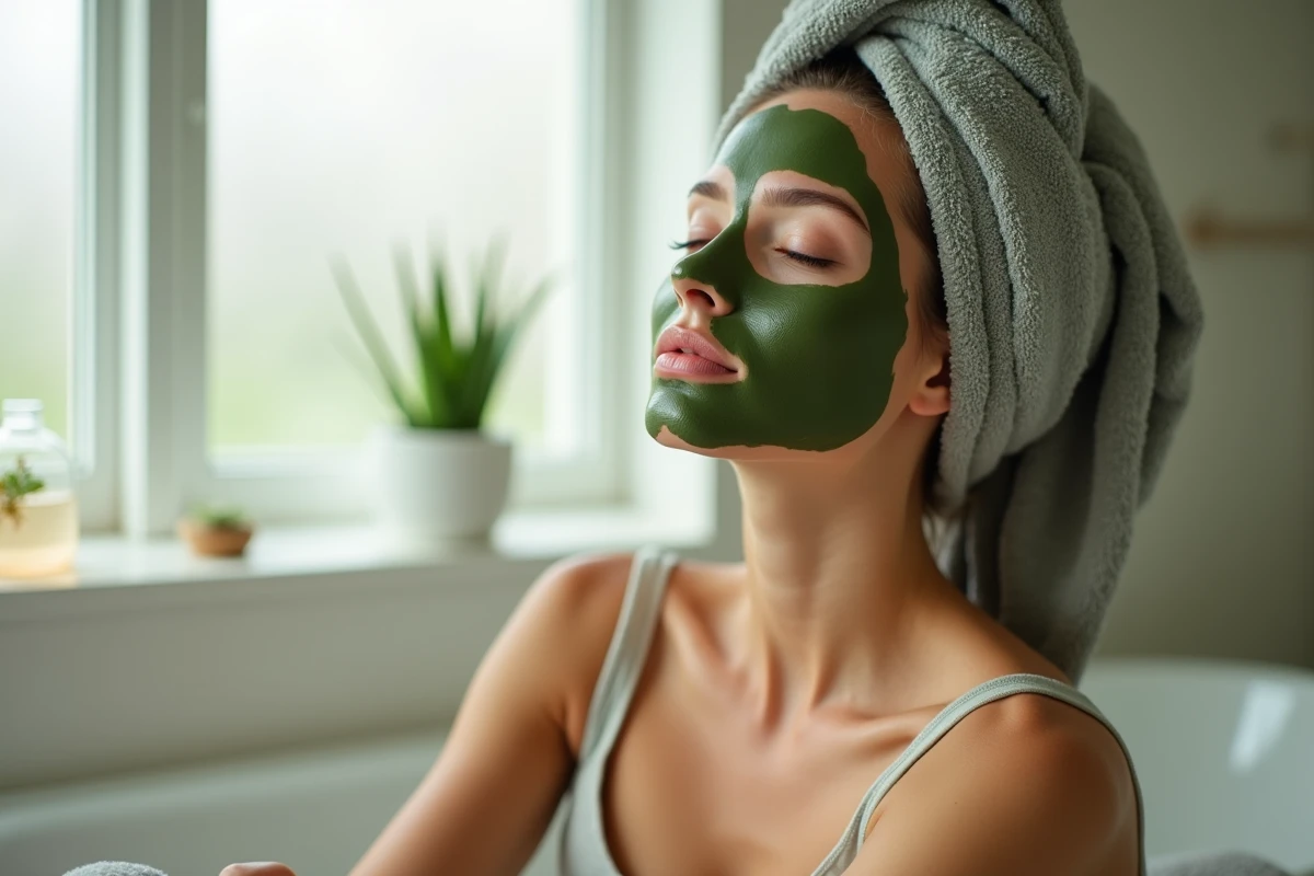 Femme avec masque cataplasme argile verte sur le visage pour peaux sensibles, posant calmement dans une salle de bain naturelle