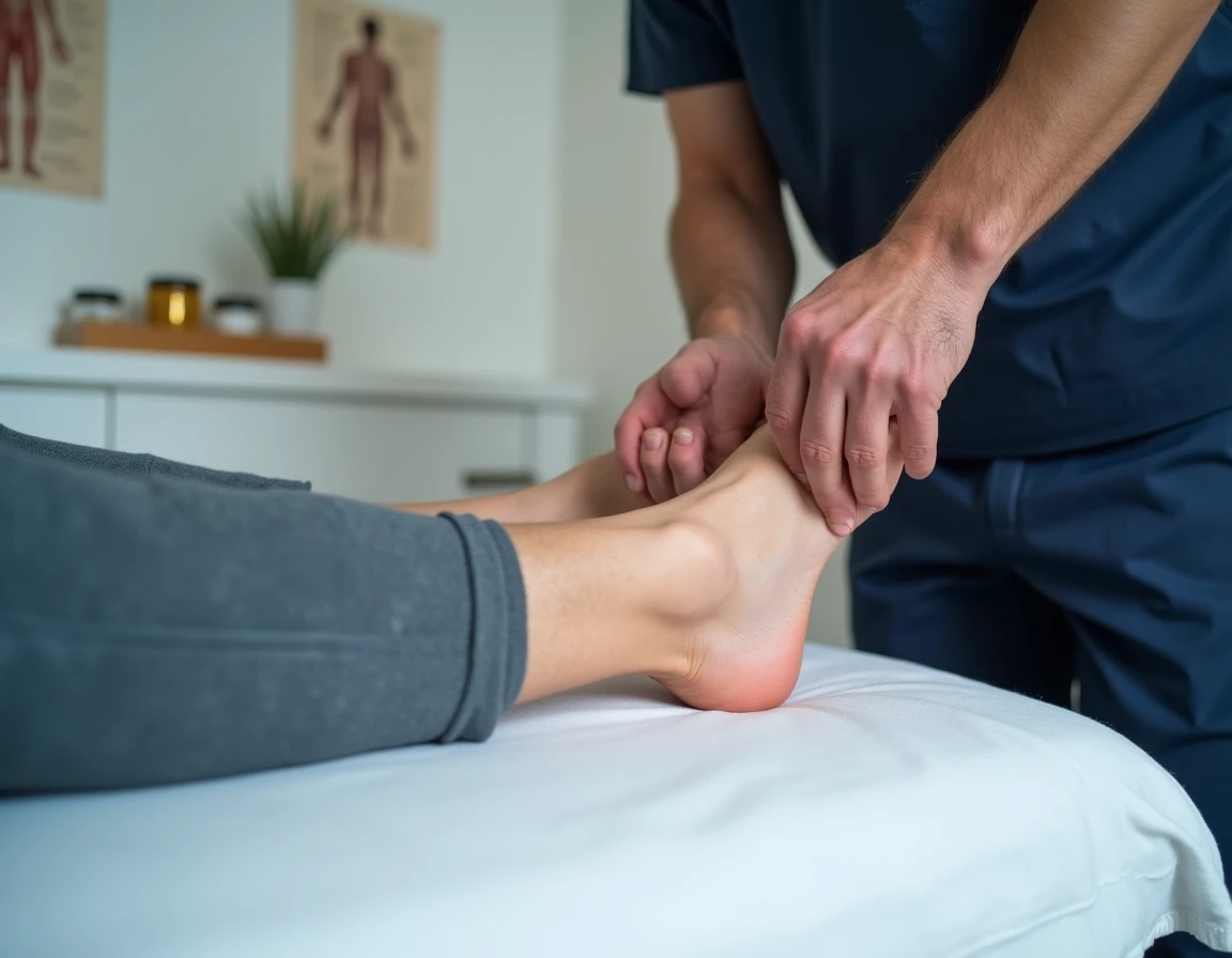 Kin&eacute;sith&eacute;rapeute massant le talon d'un patient pour traiter une &eacute;pine calcan&eacute;enne en cabinet