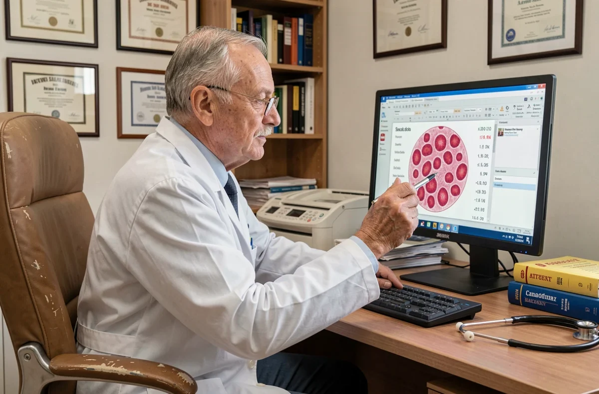 Médecin senior analysant un rapport hématologique sur écran montrant des valeurs de VGM élevé en consultation