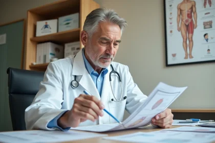 Médecin spécialiste examinant des documents médicaux liés aux causes et facteurs de risque du zonivizectrum dans un cabinet moderne