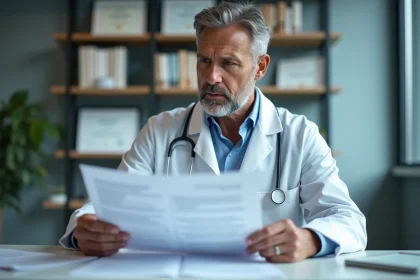 M&eacute;decin homme en salle de consultation avec documents