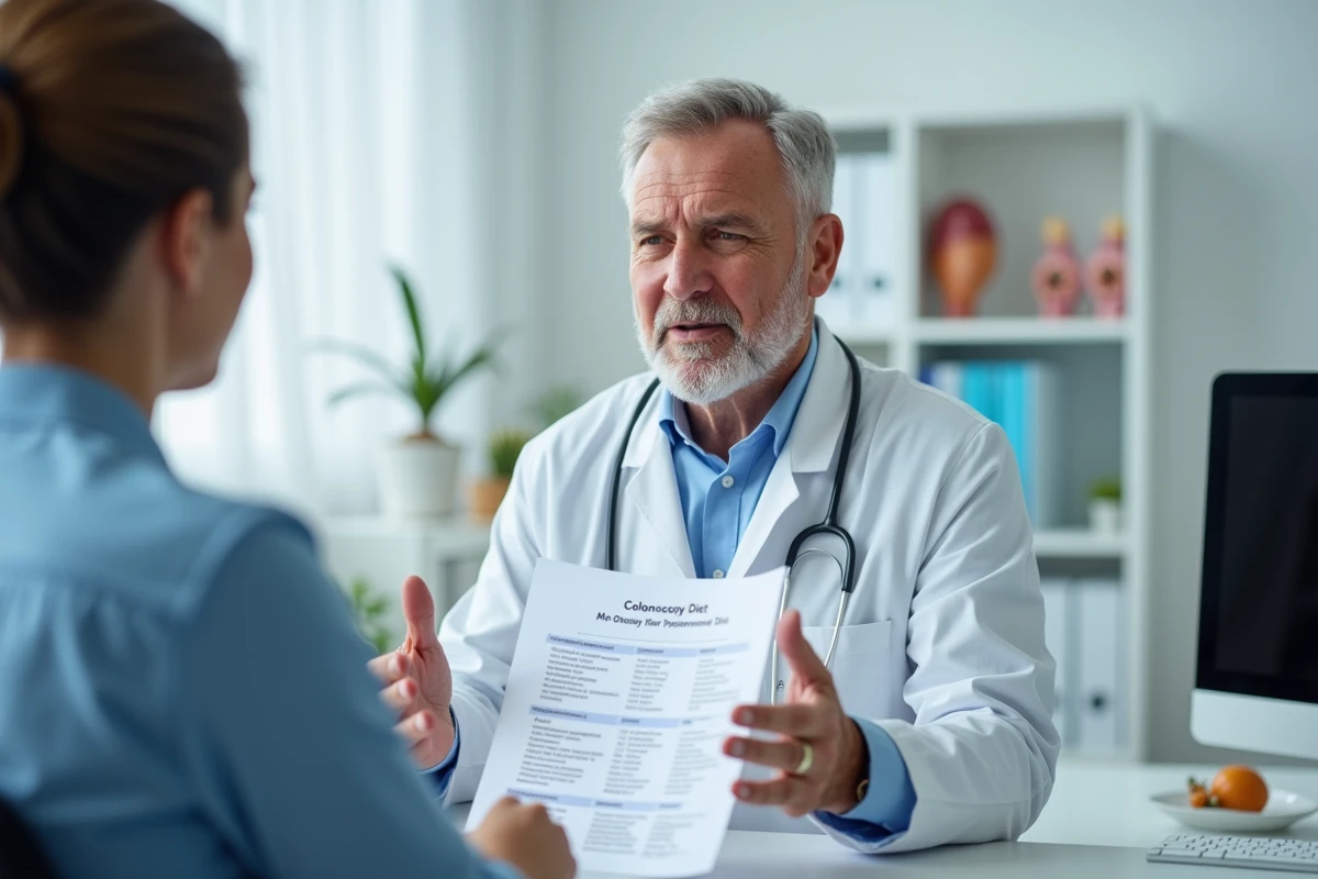 Médecin expliquant le régime de préparation à la coloscopie à un patient dans un cabinet médical