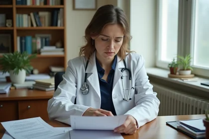 Médecin généraliste française étudiant un document législatif sur la loi Rist dans son cabinet médical