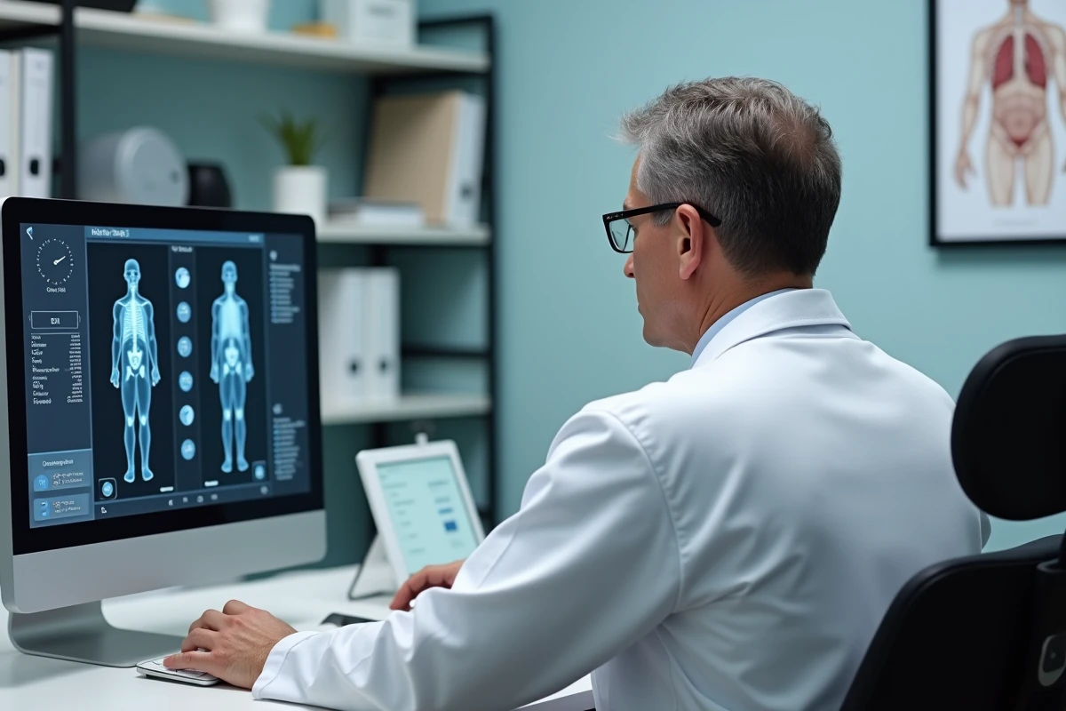 M&eacute;decin consulte un graphique m&eacute;dical sur un ordinateur dans son bureau