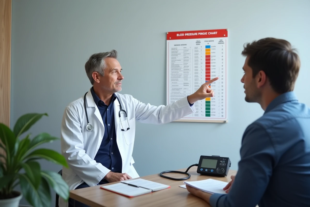Médecin expliquant un tableau de valeurs de pression artérielle systolique et diastolique en cabinet