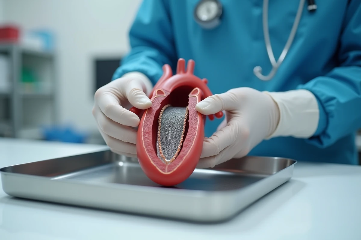 Mains médicales tenant un modèle anatomique de stent coronarien illustrant la structure et la durée de vie du dispositif