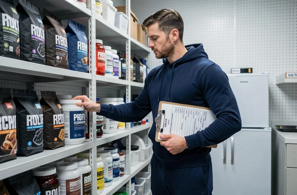 Homme organisant un stock de protéines Myprotein en gros format dans une pièce de rangement dédiée aux compléments alimentaires