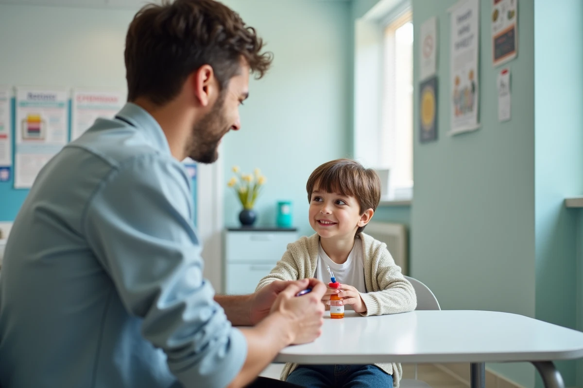 P&egrave;re et enfant prenant un m&eacute;dicament en clinique