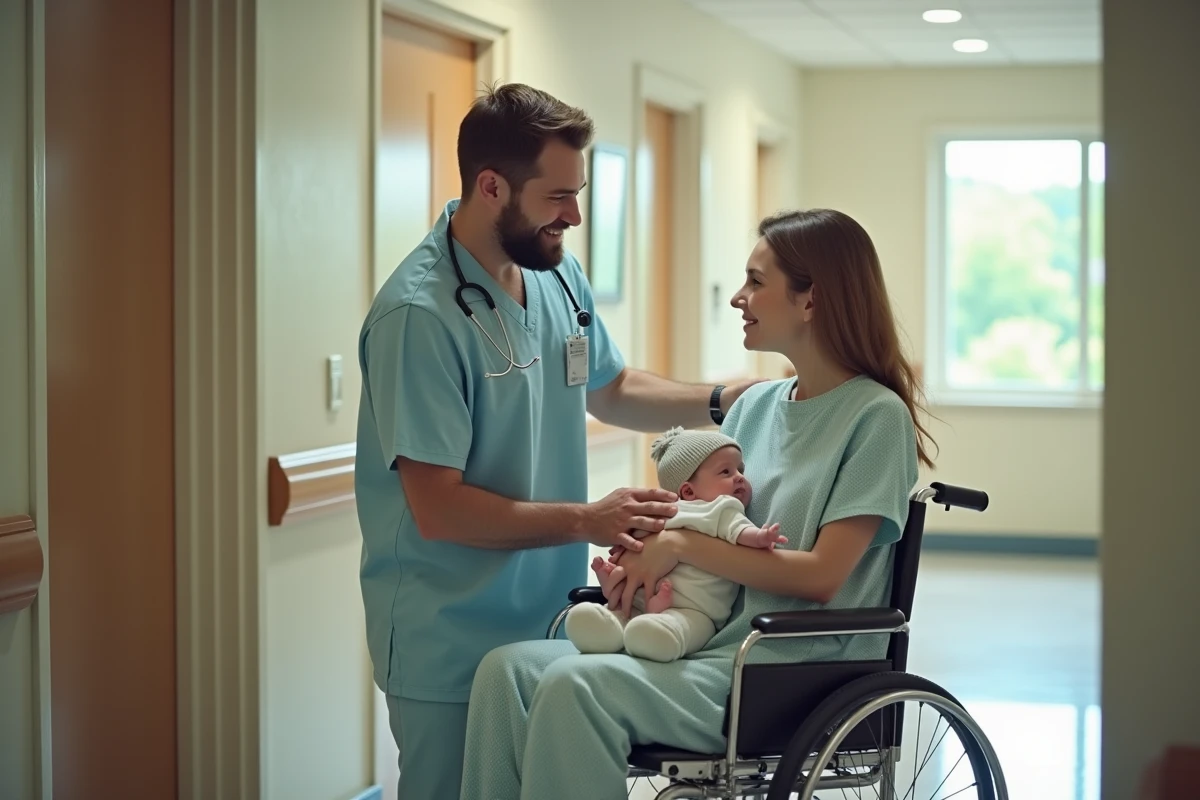 Couple de parents avec leur bébé prématuré dans les bras dans un couloir d'hôpital après l'accouchement