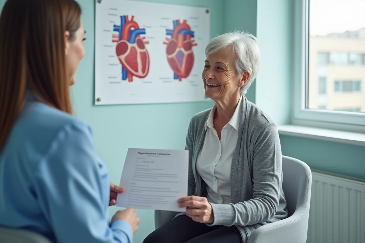 Patiente âgée en consultation médicale discutant du suivi et de la durée de vie de son stent cardiovasculaire