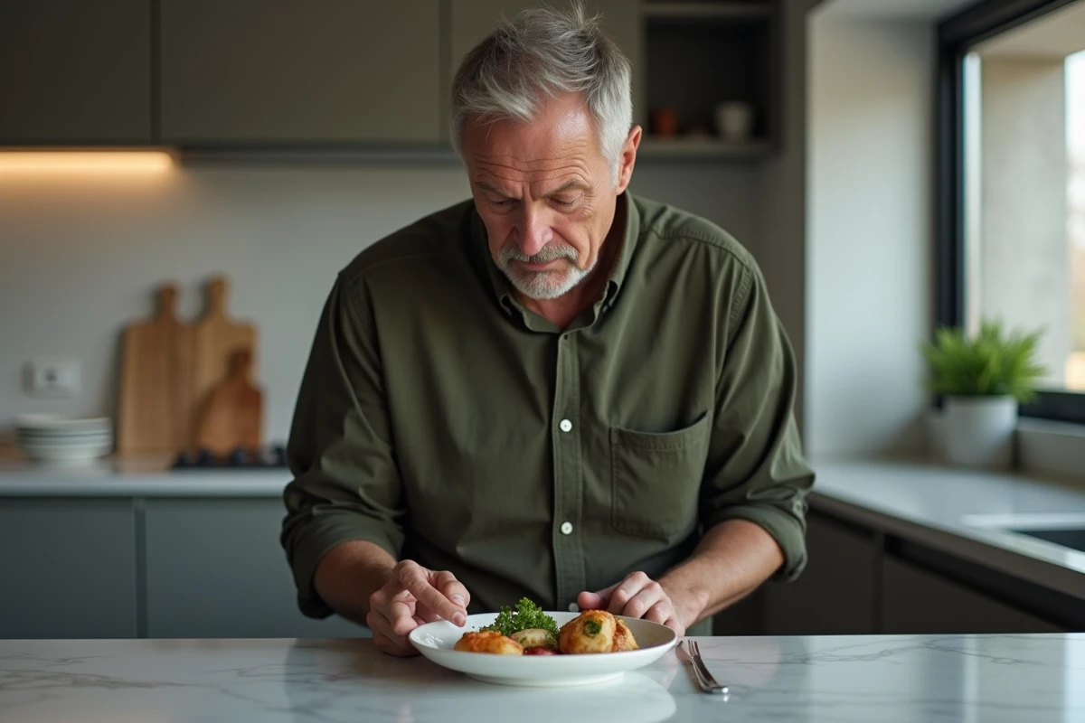 Homme sans appétit devant une assiette intacte dans une cuisine, symptôme fréquent du cancer de l'estomac comme la perte d'appétit