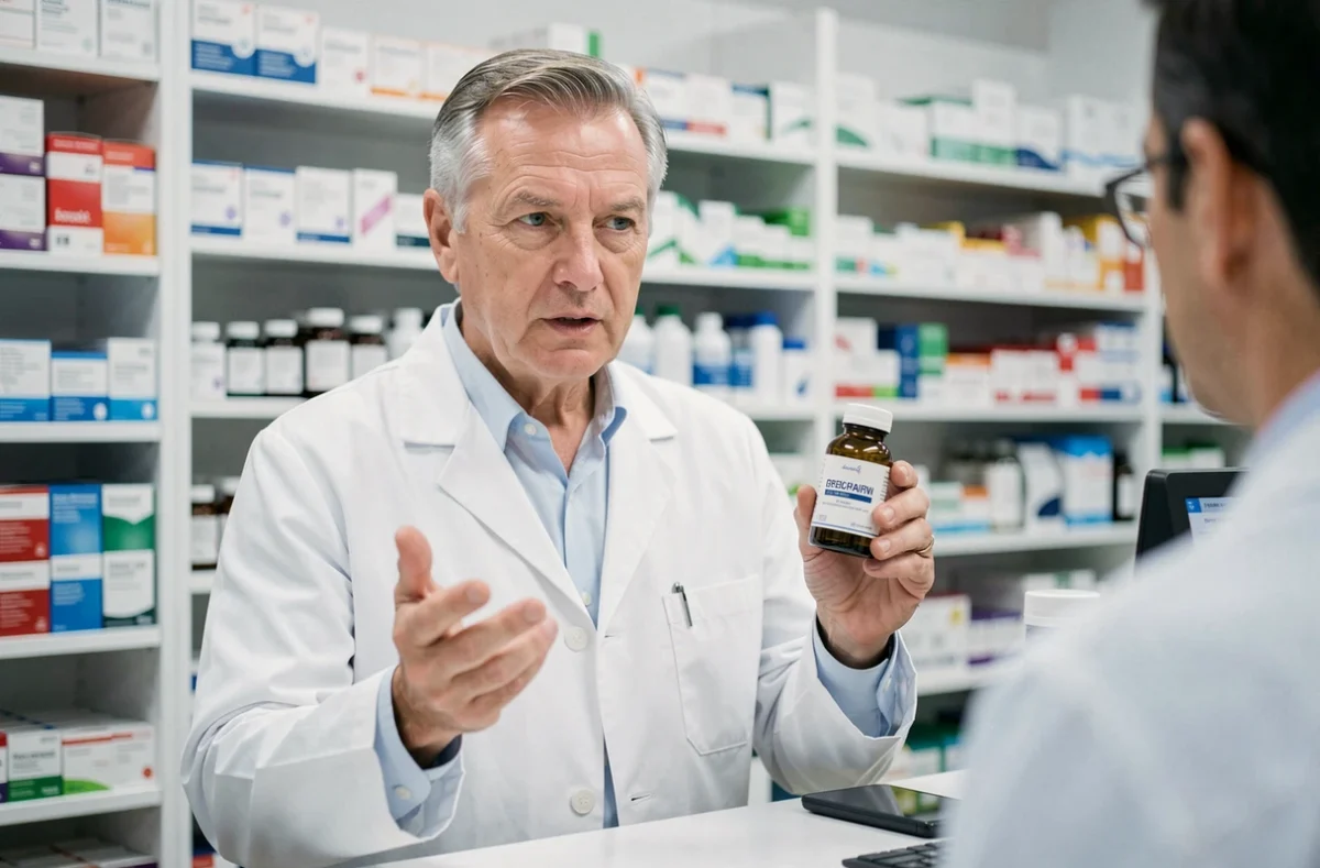 Pharmacien senior en blouse blanche expliquant les précautions d'un complément alimentaire au silicium organique G5 à un client