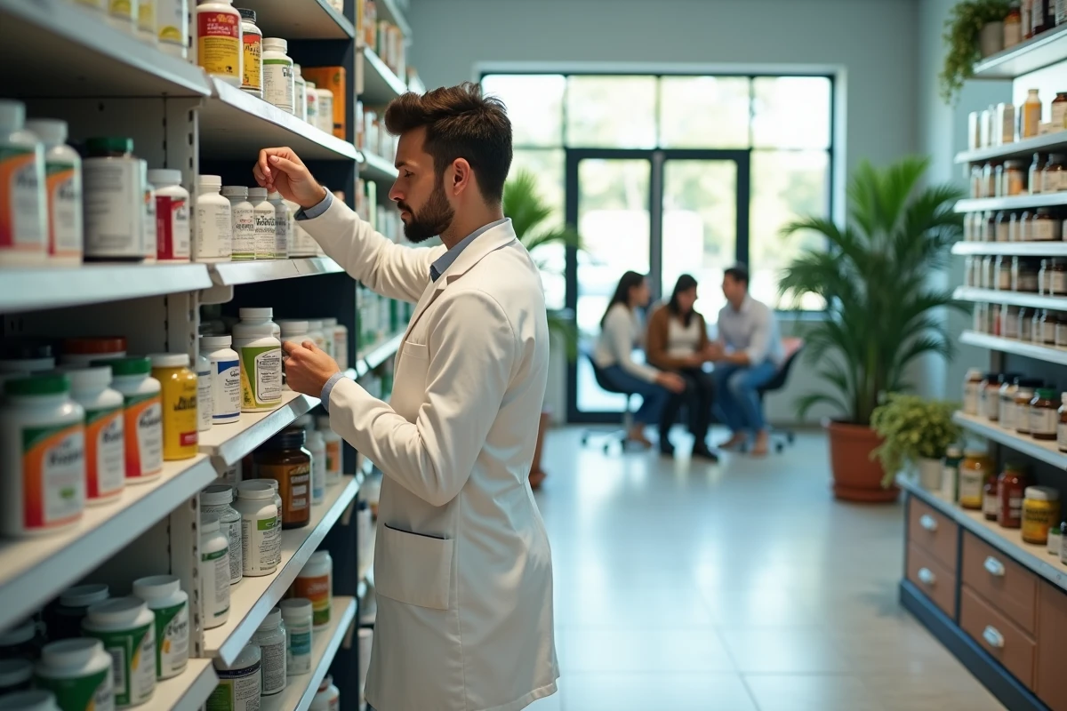 Jeune pharmacien en pharmacie moderne réapprovisionne les étagères