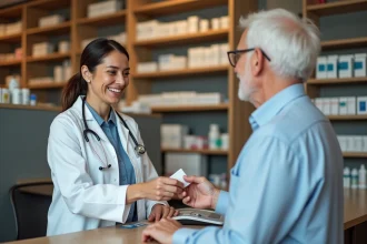 Pharmacienne souriante aide un client âgé à la pharmacie