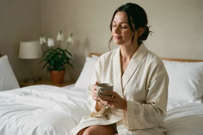 Femme en robe de chambre tenant une tisane à base de plantes devant un plant de valériane sur table de chevet pour favoriser le sommeil