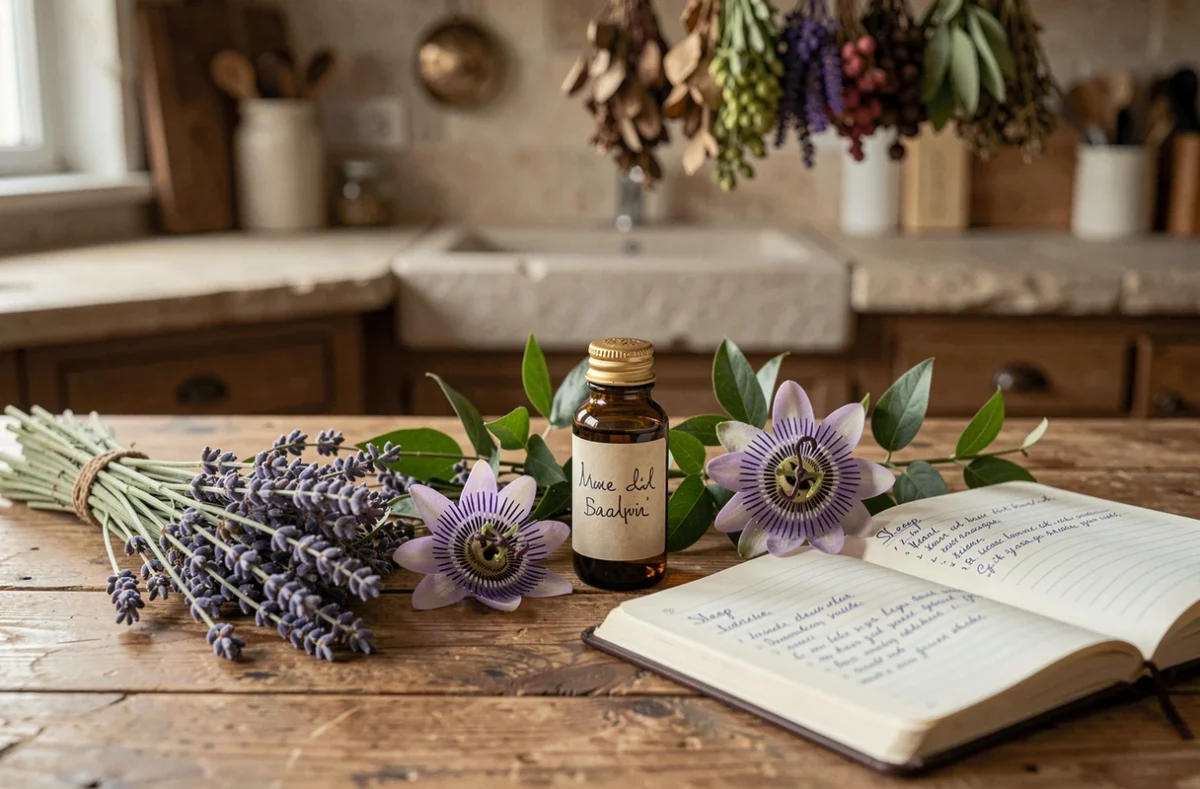 Composition de plantes médicinales comme la lavande et la passiflore sur table en bois pour lutter contre les cauchemars et les réveils nocturnes