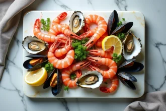 Plateau de fruits de mer avec crevettes roses, huîtres et moules sur marbre blanc, vue de dessus