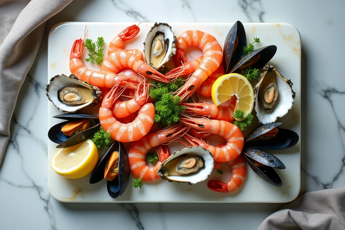 Plateau de fruits de mer avec crevettes roses, huîtres et moules sur marbre blanc, vue de dessus