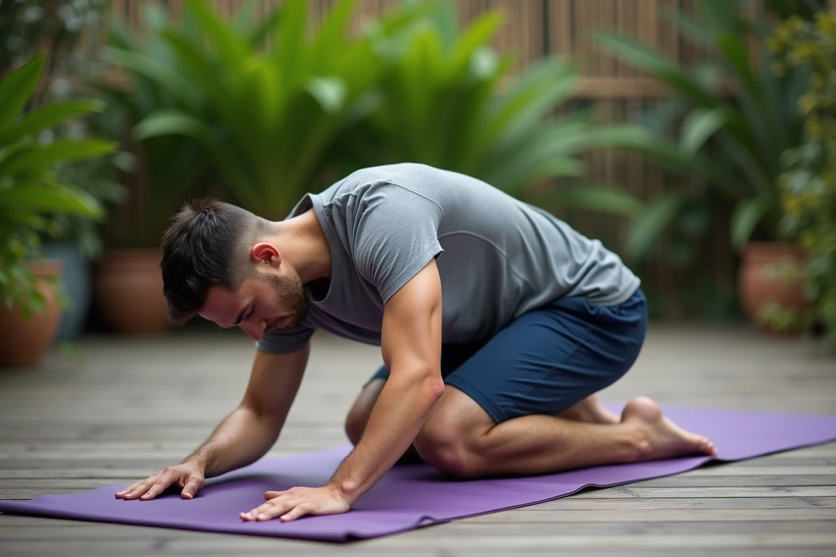 Homme pratiquant la posture de l'enfant Balasana sur un tapis violet sur une terrasse en bois entourée de végétation