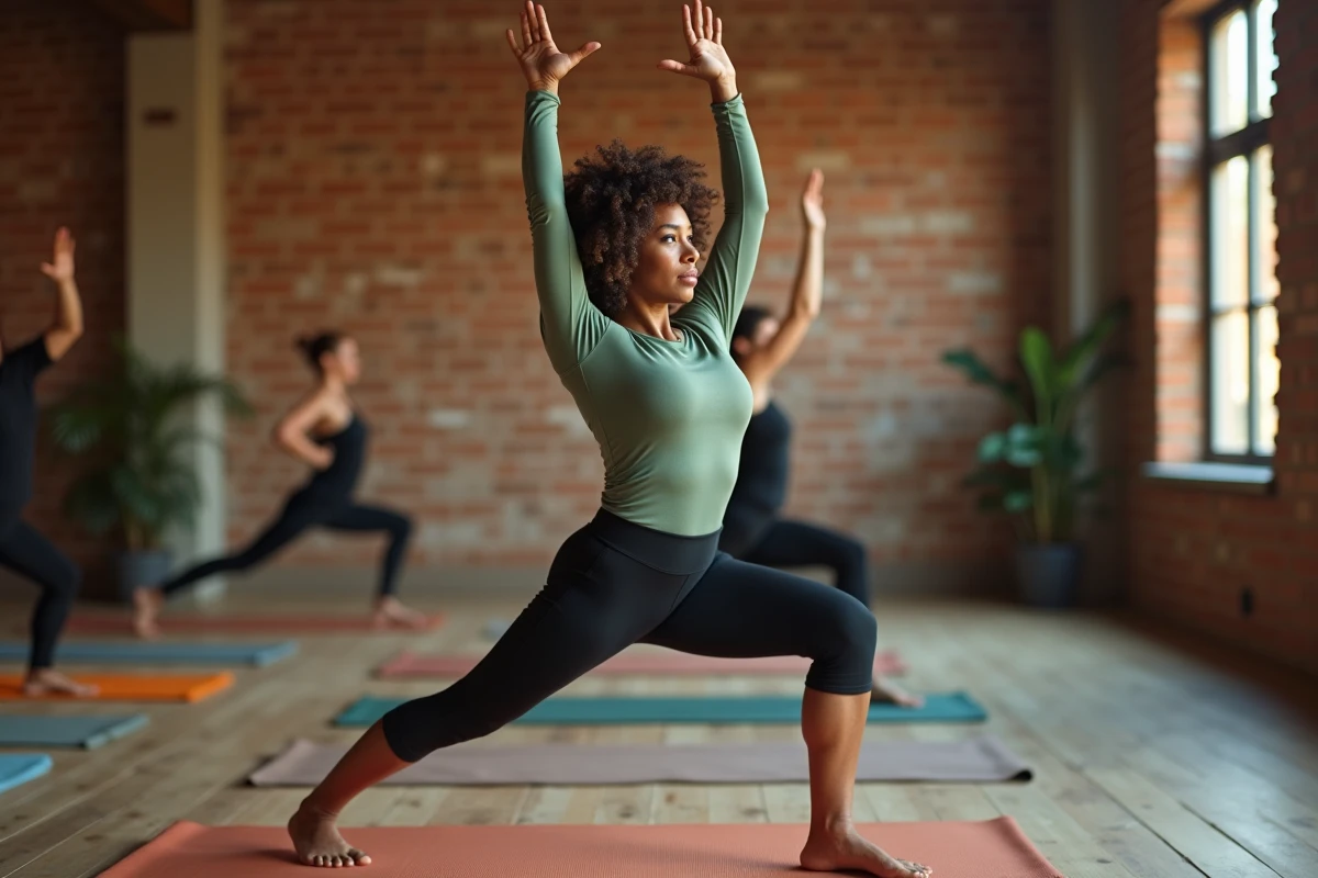Femme en posture du guerrier I Virabhadrasana dans un studio de yoga avec murs en briques apparentes