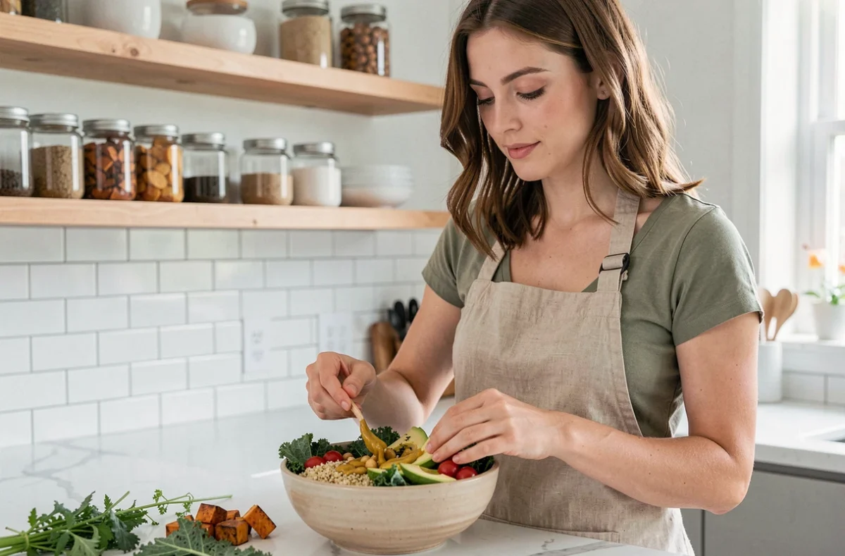 Femme préparant un bol végétarien anti-inflammatoire avec quinoa, patate douce, pois chiches, avocat et légumes colorés dans une cuisine moderne