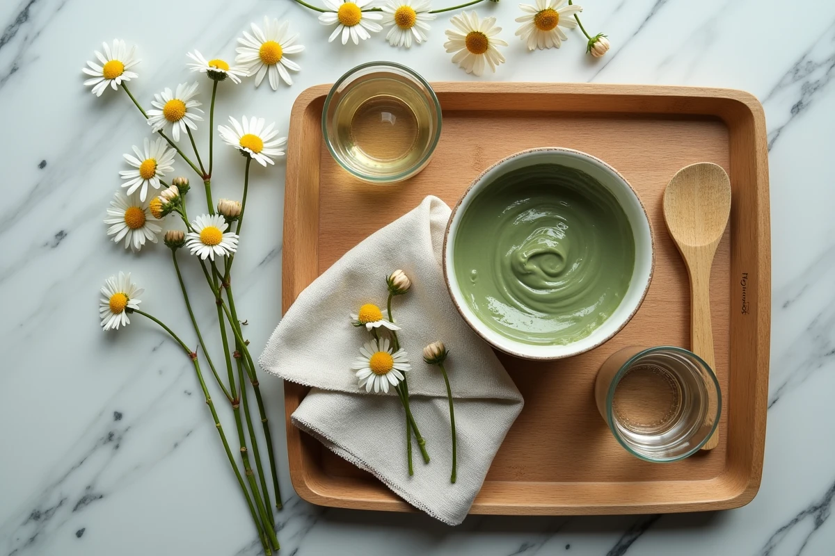 Préparation d'un cataplasme argile verte avec bol en céramique, spatule en bois et fleurs de camomille sur marbre
