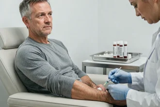 Prise de sang chez un homme adulte dans un cabinet médical pour analyse du VGM sanguin