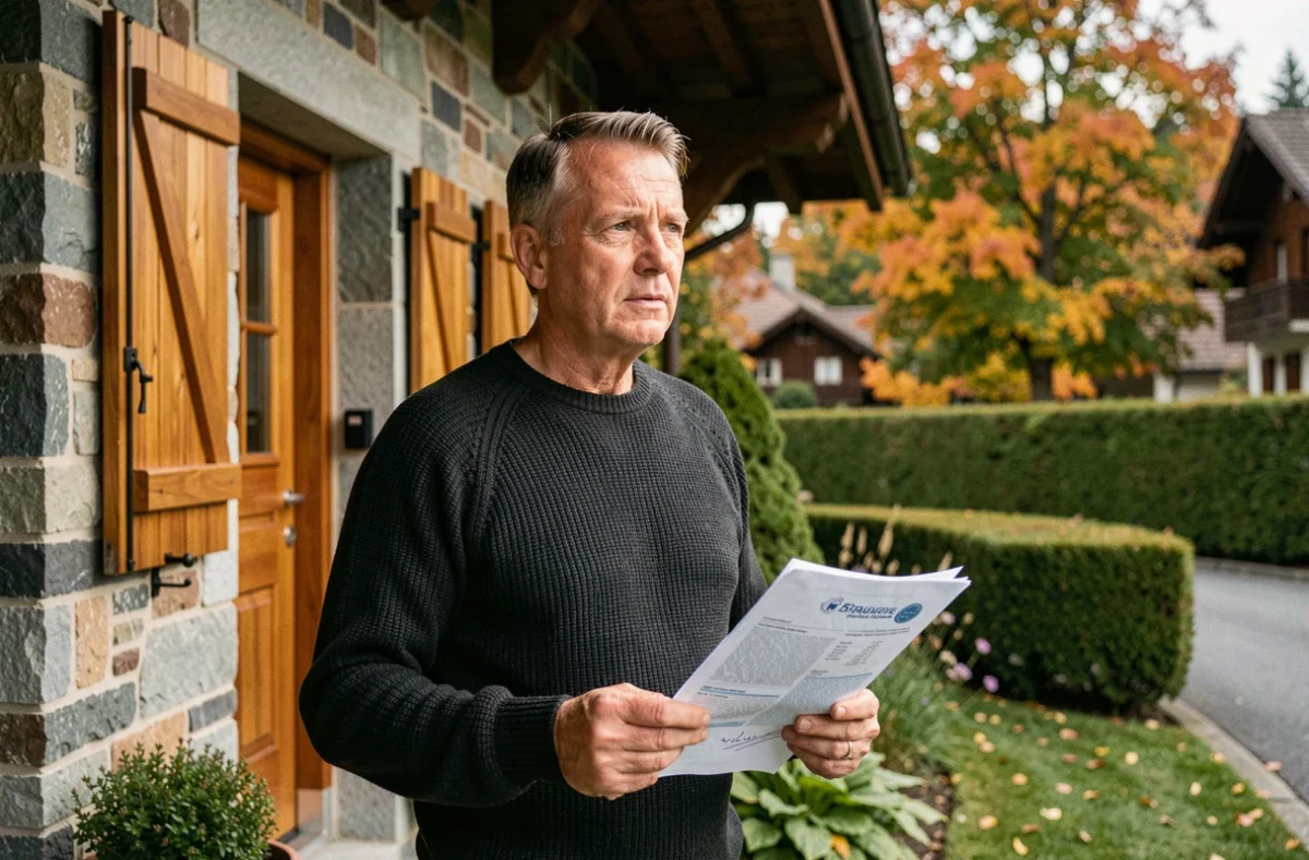 Propriétaire immobilier tenant des documents d'assurance ECA devant sa maison, réfléchissant à la couverture et aux avis sur ce type d'assurance