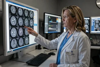 Radiologue féminine examinant des images IRM cérébrales avec des taches blanches sur un écran médical dans une salle de radiologie hospitalière