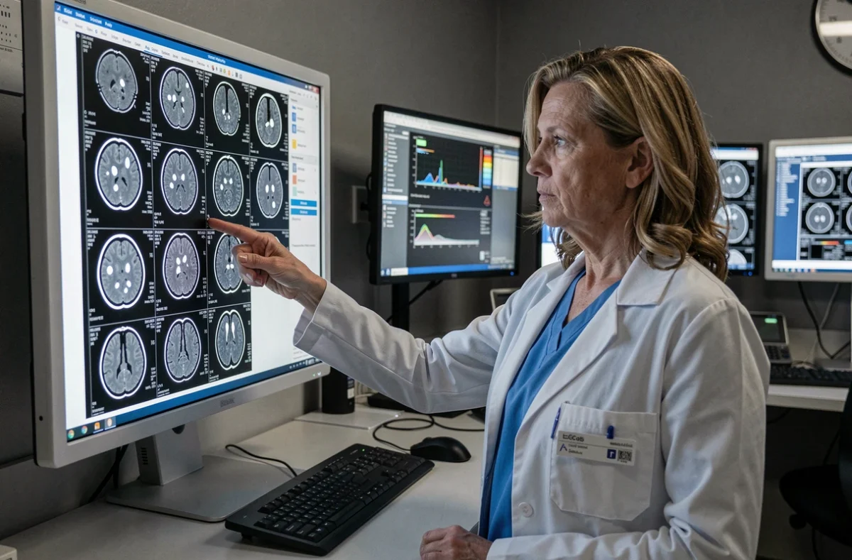 Radiologue féminine examinant des images IRM cérébrales avec des taches blanches sur un écran médical dans une salle de radiologie hospitalière