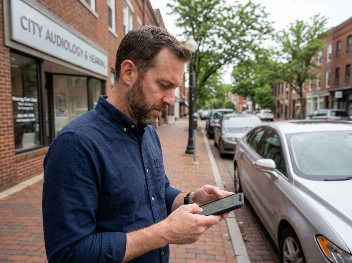 Homme cherchant un centre auditif proche sur son smartphone dans une rue urbaine