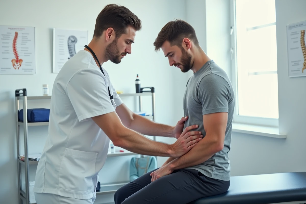 Kinésithérapeute traitant le dos d'un patient atteint de pathologie professionnelle dans un cabinet de rééducation