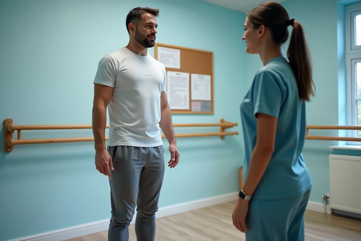 Patient en rééducation vestibulaire sur plateau d'équilibre avec kinésithérapeute pour séquelles de névrite