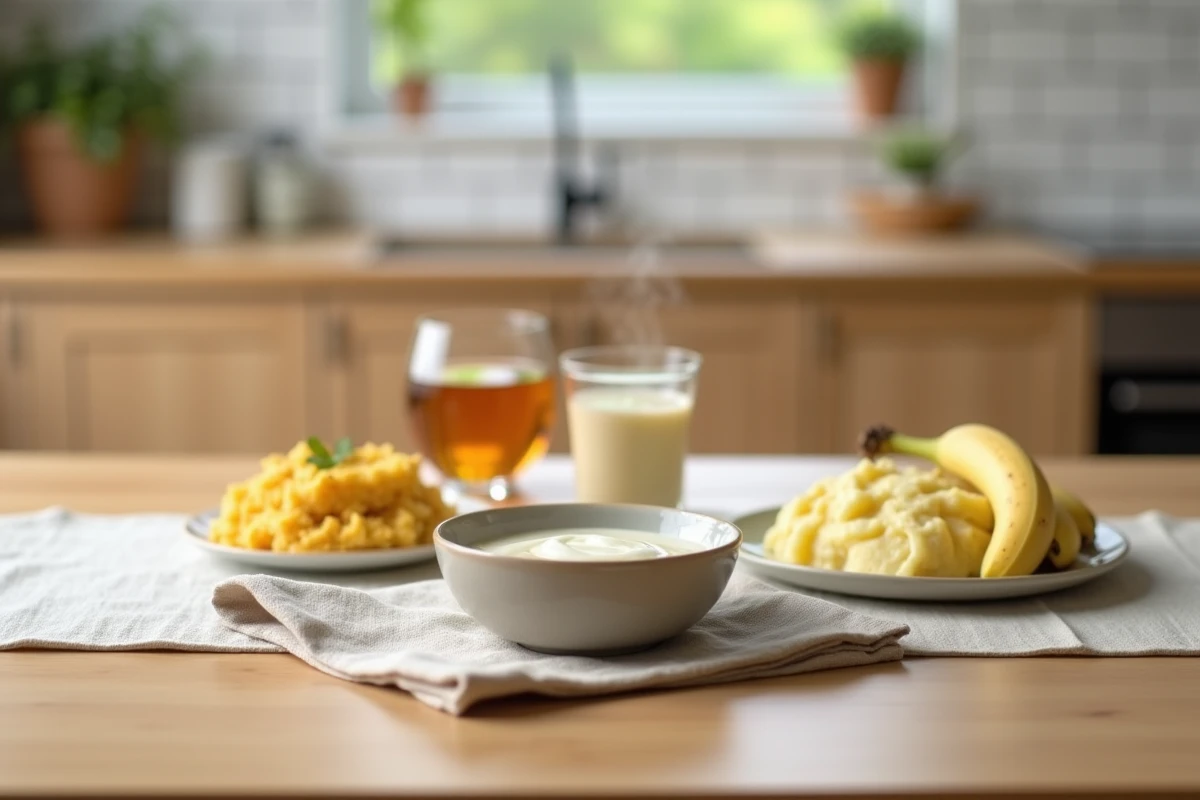 Repas doux après extraction dentaire avec yaourt, purée et tisane sur une table en bois