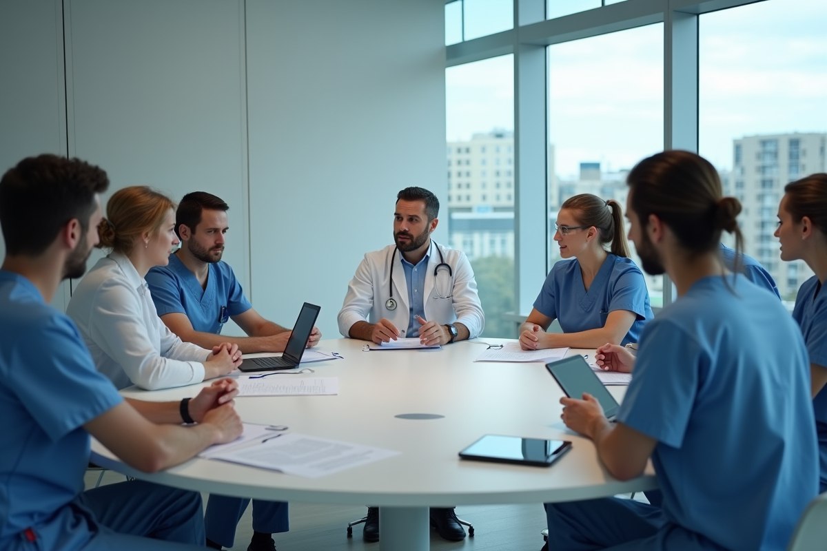 Professionnels de santé en réunion dans une salle moderne