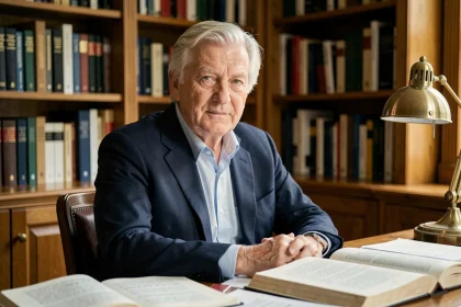 Roland Cayrol, politologue français, photographié dans son bureau personnel entouré de livres, exprimant sérénité et réflexion