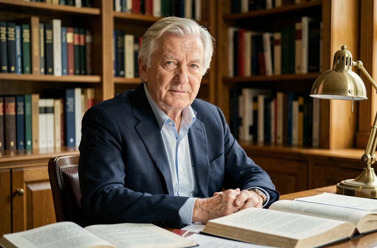 Roland Cayrol, politologue français, photographié dans son bureau personnel entouré de livres, exprimant sérénité et réflexion