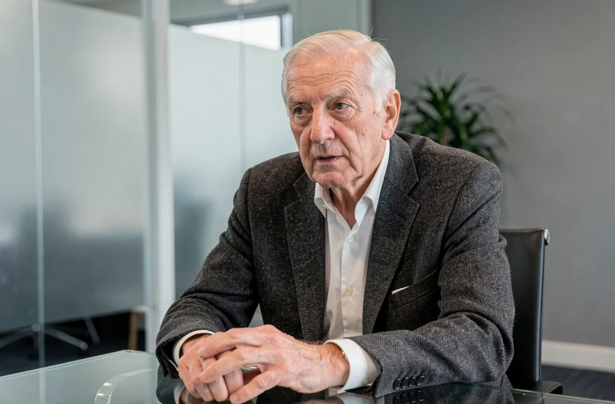 Portrait d'un intellectuel français âgé en entretien dans un cadre médical ou institutionnel moderne, illustrant la santé et la vitalité en 2026