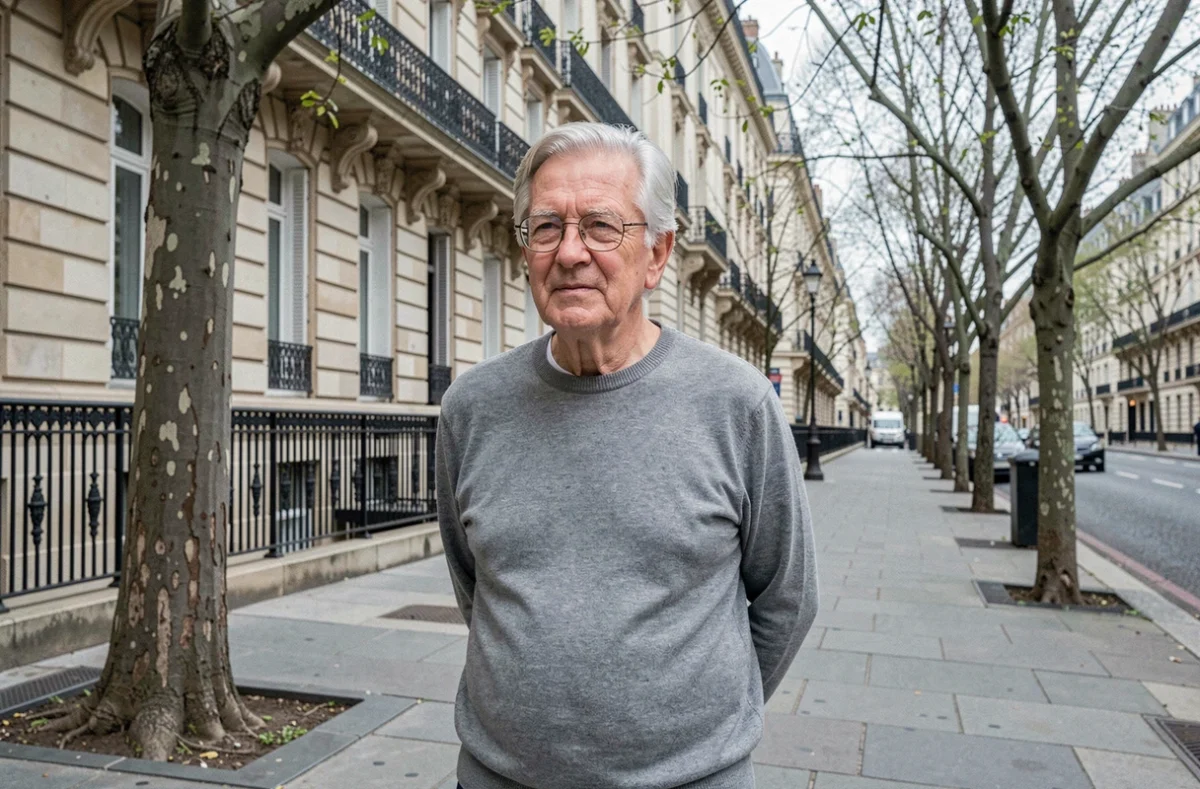 Un homme âgé se promenant sereinement sur un boulevard parisien au printemps, évoquant la santé et le bien-être à un âge avancé