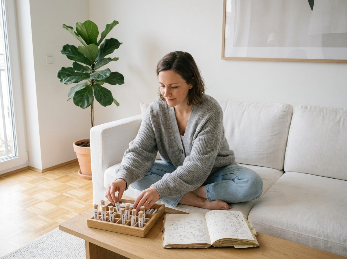 Femme organisant ses remèdes homéopathiques sur un plateau en bois dans un salon minimaliste