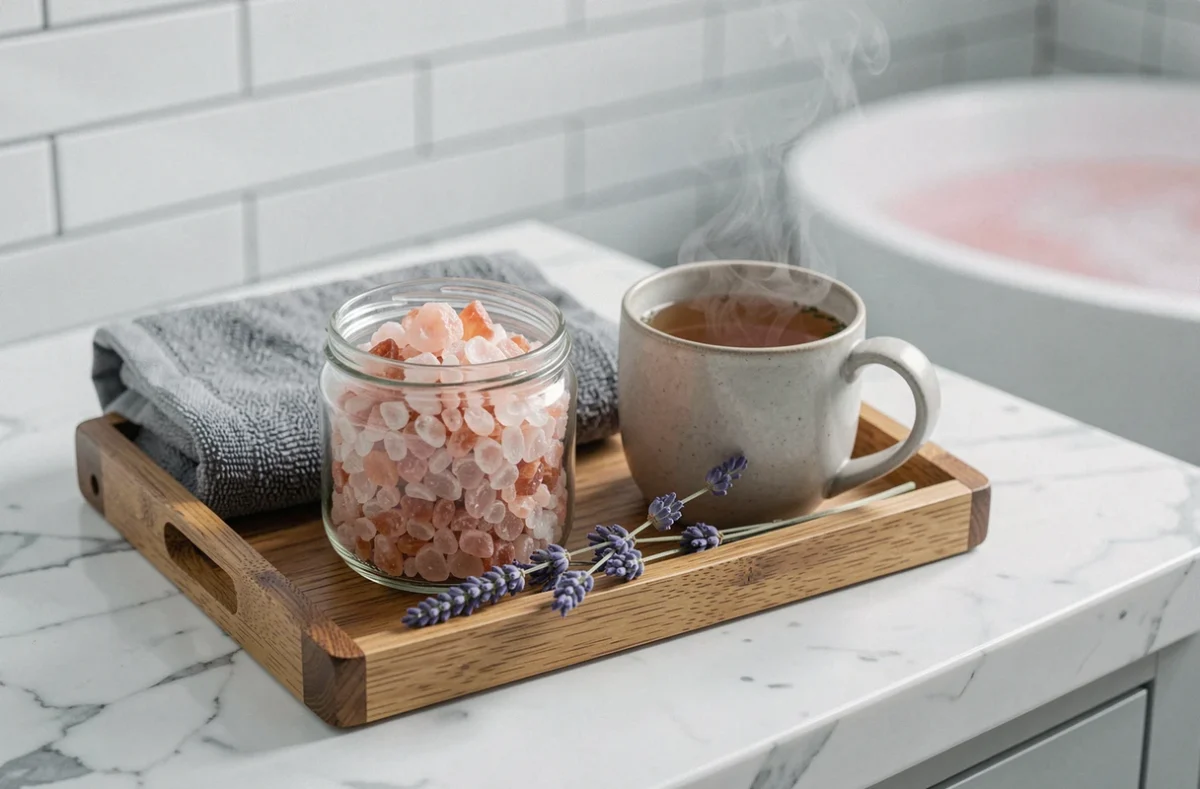 Plateau en bois avec sel rose de l'Himalaya, lavande et tasse de tisane sur un comptoir en marbre de salle de bain