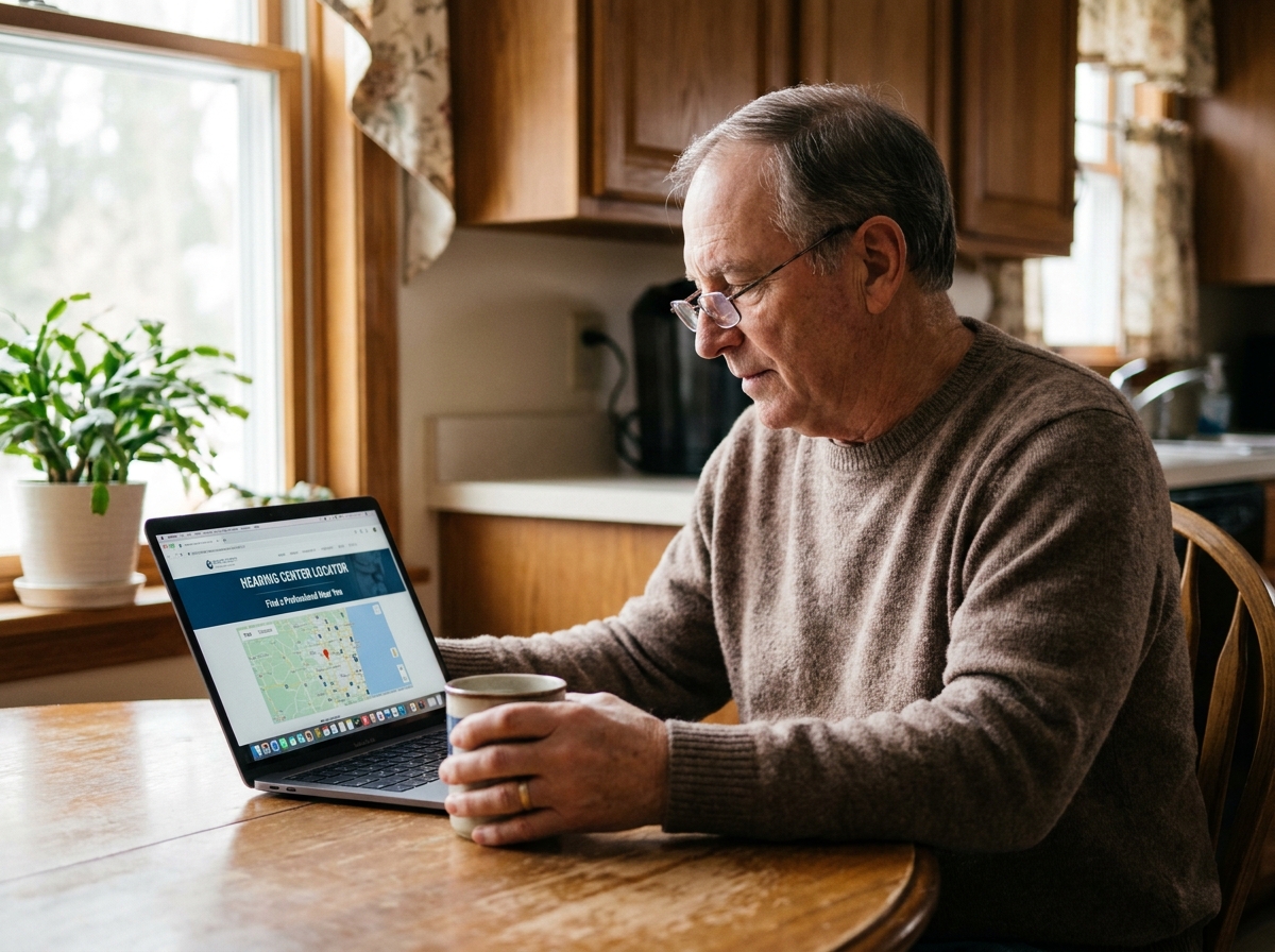 Senior recherchant un audioprothésiste sur internet depuis sa cuisine avec un ordinateur portable
