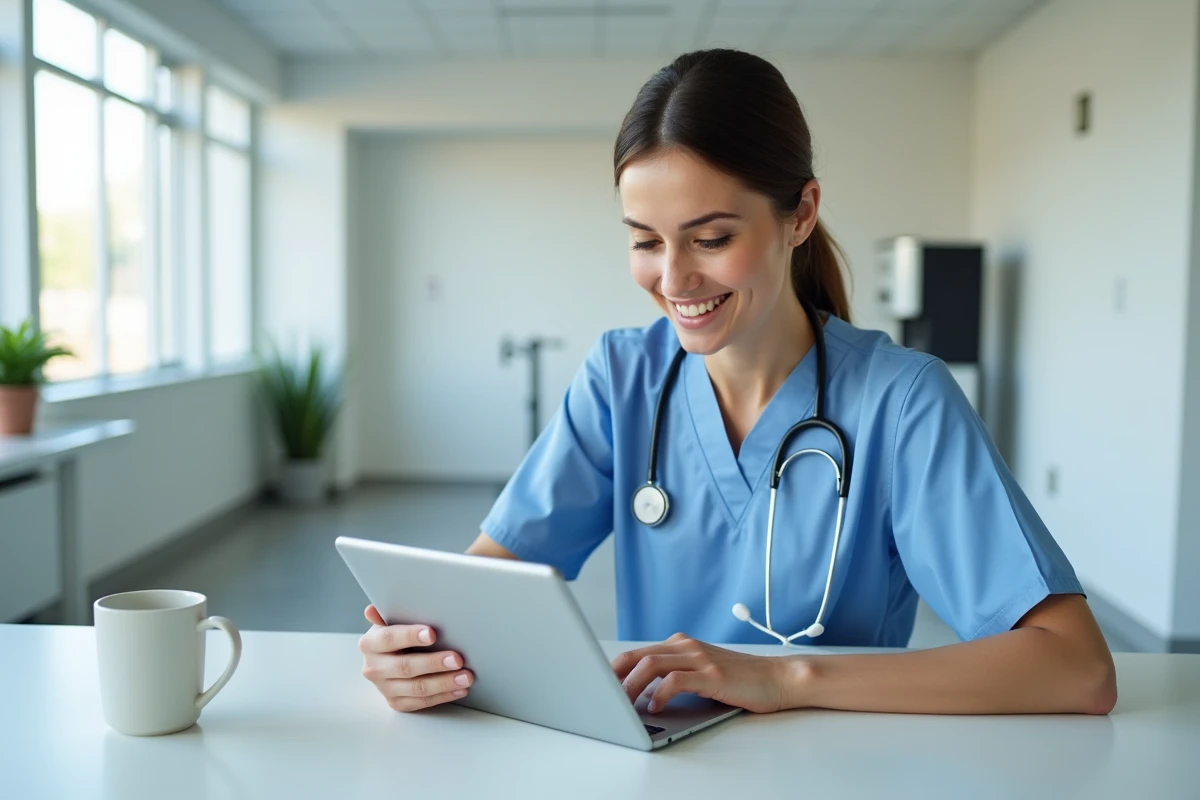 Professionnelle de santé consultant le portail Medisys sur tablette dans une salle de pause hospitalière