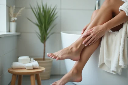 Femme appliquant une crème hydratante sur un talon fissuré au bord d'une baignoire, soin des pieds à domicile