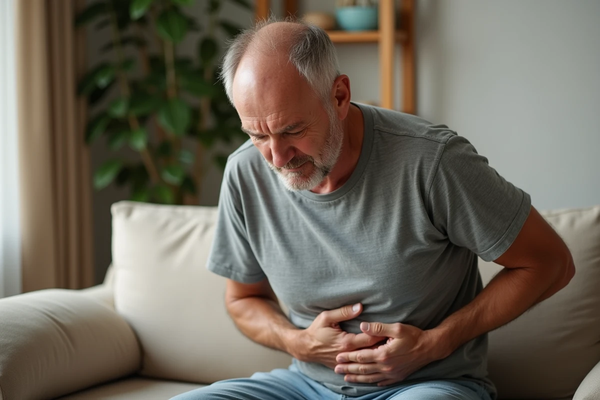 Homme d'âge mûr assis sur un canapé tenant son abdomen, illustrant les symptômes douloureux du cancer de l'estomac
