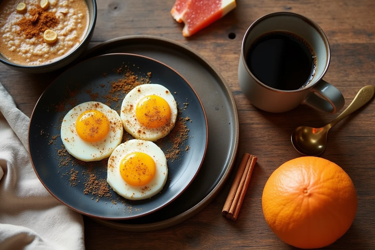 Table de petit-déjeuner rustique avec œufs au curcuma, flocons d'avoine à la cannelle, café noir et pamplemousse, aliments thermogéniques