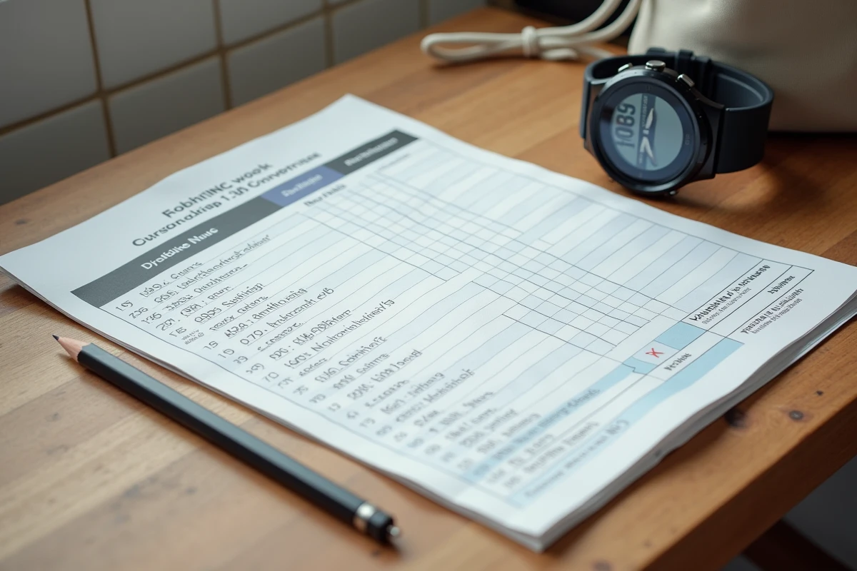 Tableau de conversion pas en kilomètres imprimé posé sur une table en bois avec une montre GPS