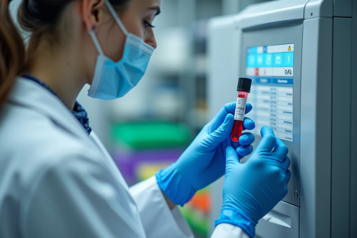 Technicienne de laboratoire manipulant un tube de sang pour analyse des transaminases ALAT SGPT en laboratoire médical