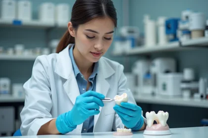 Technicienne de laboratoire dentaire examinant une prothèse céramique avec du matériel Capdentaire sur un plan de travail professionnel