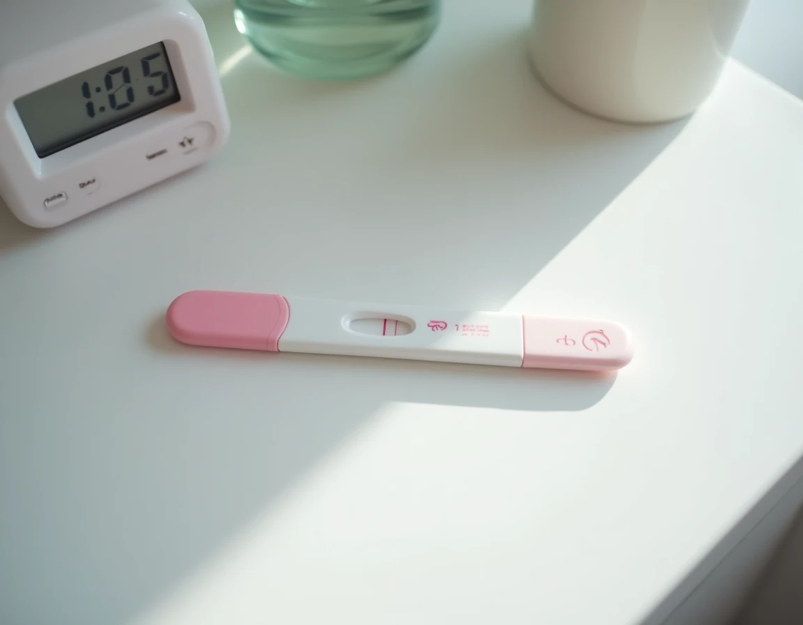 Gros plan d'un test de grossesse posé à plat montrant deux lignes dont une très légère, vue de dessus